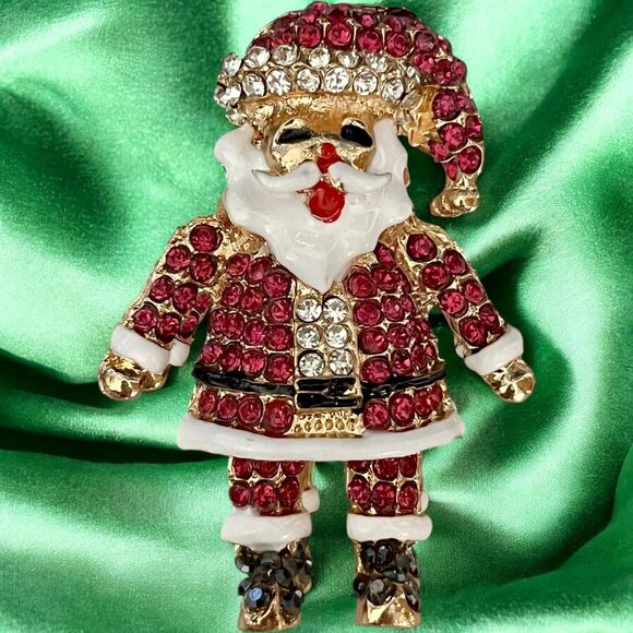 Sparkly Santa Claus Brooch Pin Necklace Pendant, Gold Plated Enamel - Picture 3 of 8
